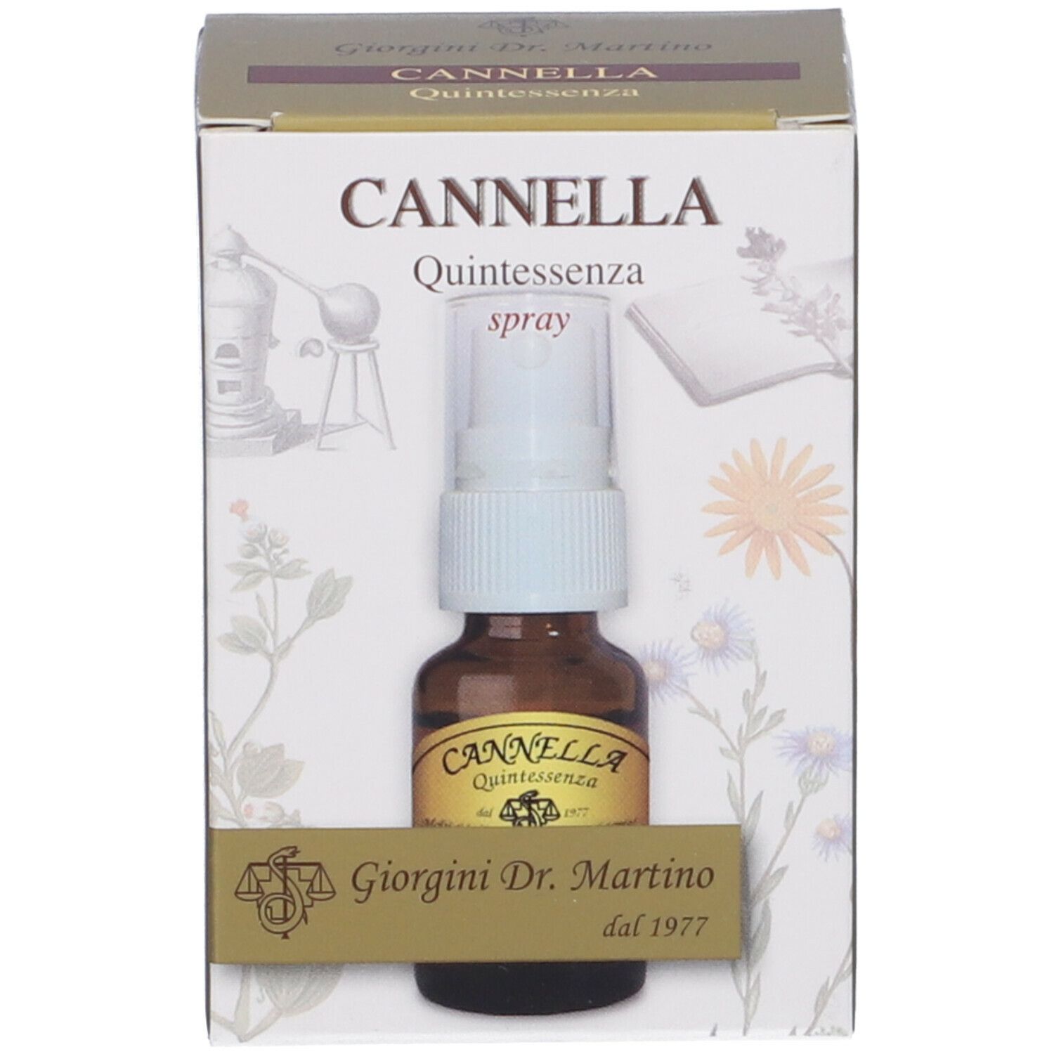 Confezione del prodotto con flacone e vaporizzatore. Scritta: Cannella Quintessenza Spray. Marchio: Giorgini Dr. Martino. Flacone con vaporizzatore.