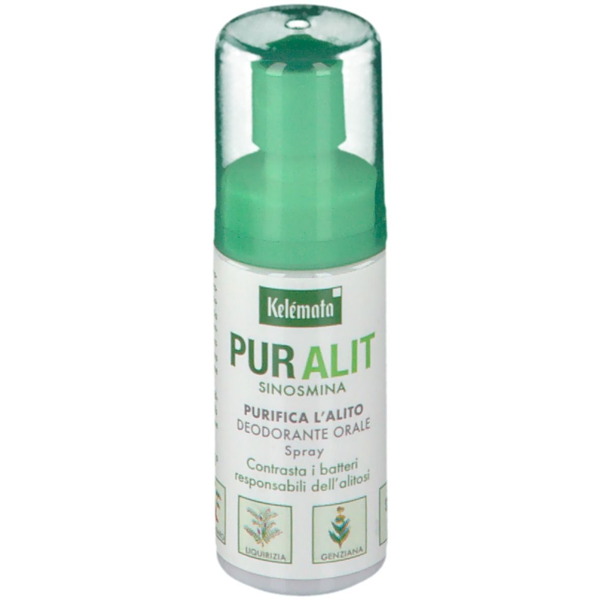 Spray orale Kelémata PURALIT, tappo verde. Scritta: PURIFICA L'ALITO DEODORANTE ORALE. Contrasta i batteri.