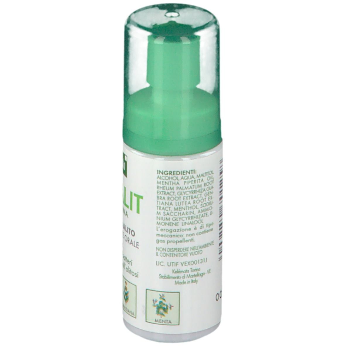 Spray orale Kelémata PURALIT. Elenco ingredienti sul retro. Tappo verde. Contiene Mentha Piperita, Rheum Palmatum Root.