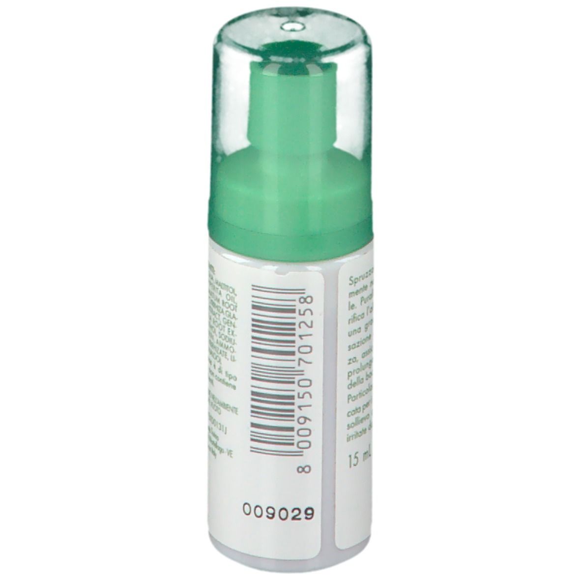 Spray orale Kelémata PURALIT. Codice a barre e indicazione del volume 15 ml. Tappo verde. Scritta: PURIFICA L'ALITO.