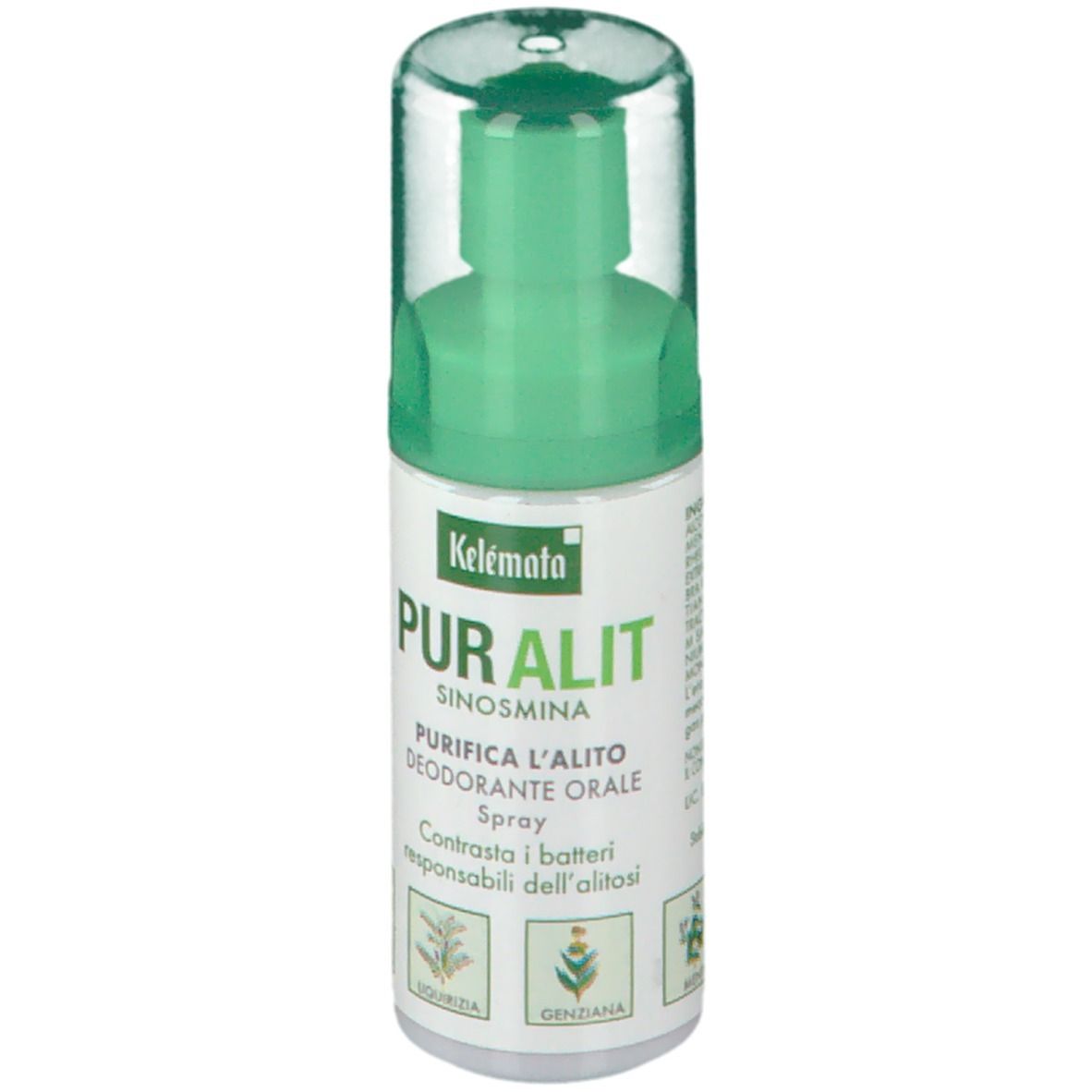 Spray orale Kelémata PURALIT, tappo verde. Scritta: PURIFICA L'ALITO DEODORANTE ORALE. Contrasta i batteri.