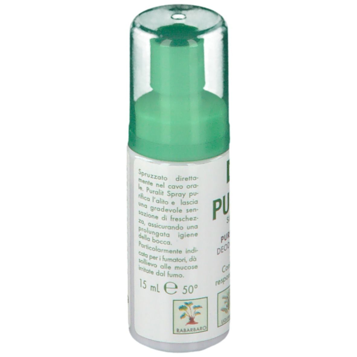 Spray orale Kelémata PURALIT. Indicazione del volume 15 ml. Tappo verde. Scritta: PURIFICA L'ALITO DEODORANTE ORALE.