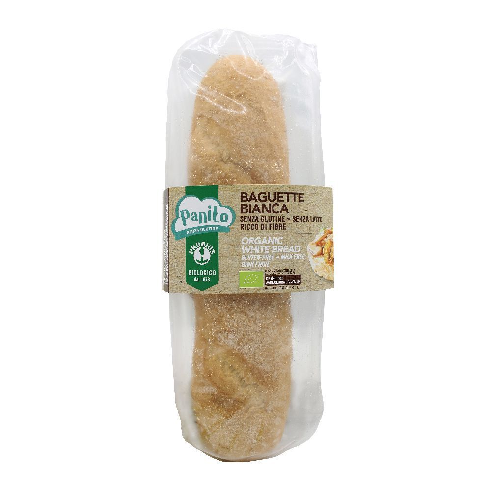 Baguette di pane bianco in confezione trasparente. Sulla confezione "Baguette Bianca" e "Panito". Sigillo biologico.