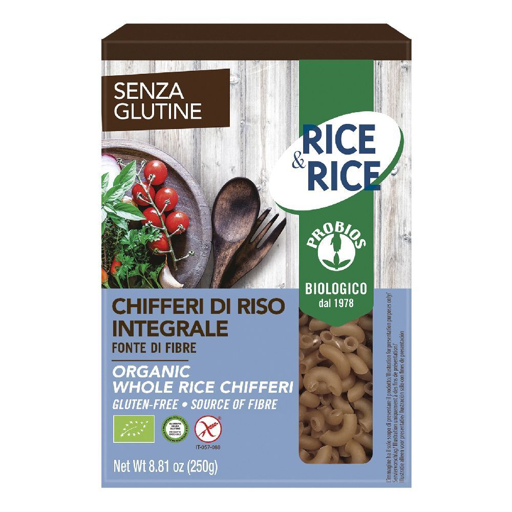 Confezione di Chifferi di Riso Integrale. Scritta: Senza Glutine, Organic Whole Rice Chifferi, senza glutine. Con marchio biologico.