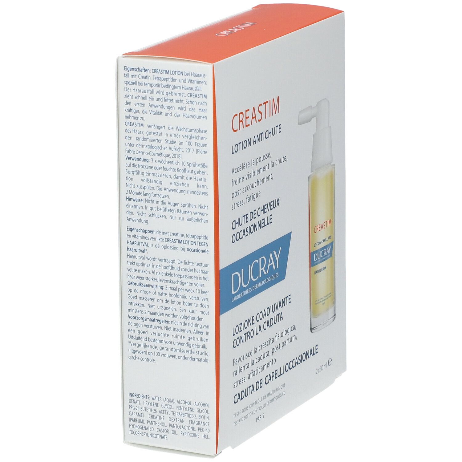 Verpackung mit einer Flasche und Sprühaufsatz. Aufschrift: Creastim, Lotion Antichute, Ducray.