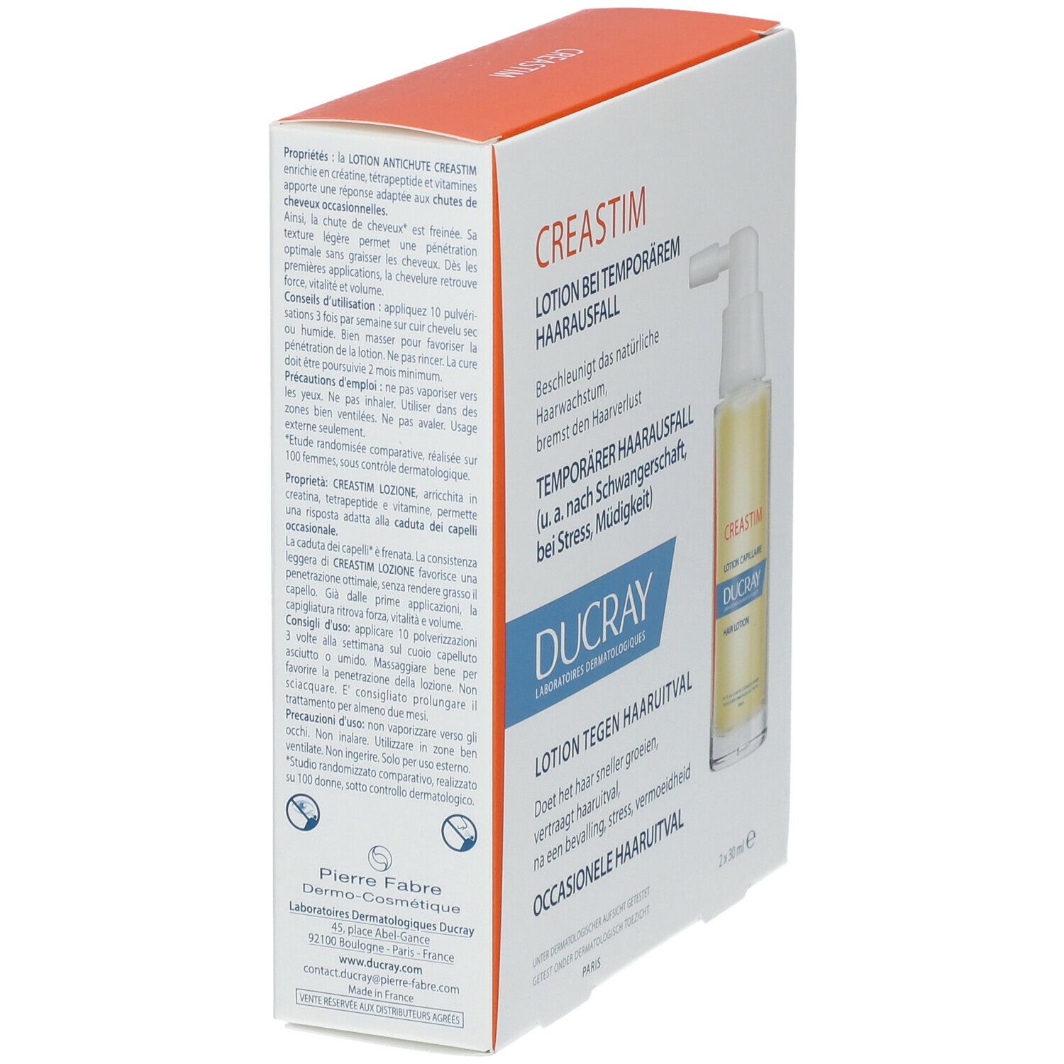 Verpackung mit einer Flasche und Sprühaufsatz. Aufschrift: Creastim, Lotion bei temporärem Haarausfall, Ducray.