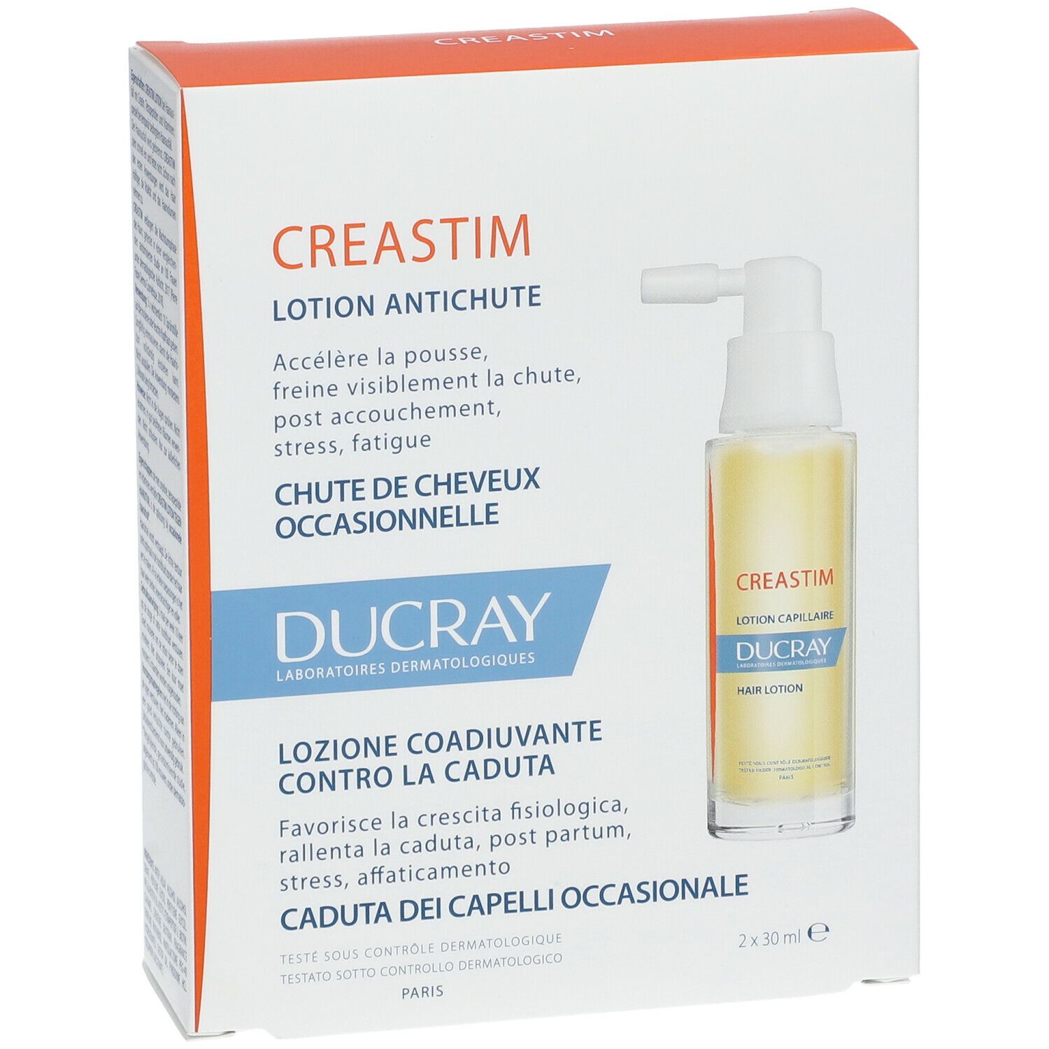 Verpackung mit einer Flasche und Sprühaufsatz. Aufschrift: Creastim, Lotion Antichute, Ducray.
