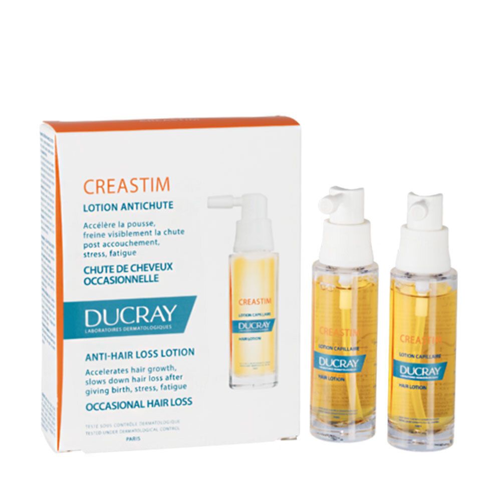 Verpackung und zwei Flaschen mit Sprühaufsatz. Aufschrift: Creastim, Lotion Antichute, Ducray.