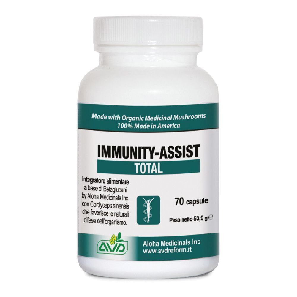 Flacone bianco con capsule. Scritta: IMMUNITY-ASSIST TOTAL. Contiene 70 capsule. Prodotto negli Stati Uniti.