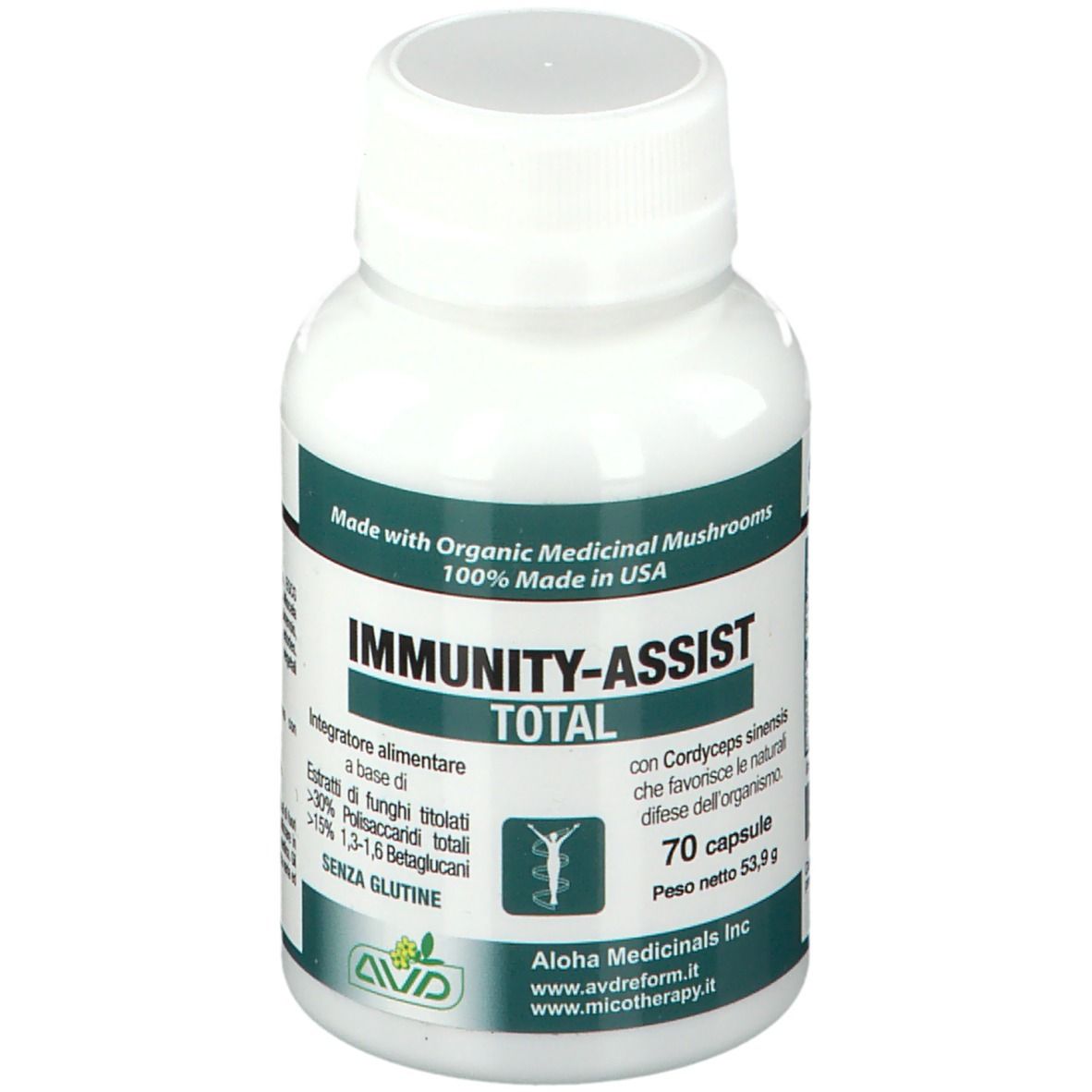 Flacone bianco con capsule. Scritta: IMMUNITY-ASSIST TOTAL. Contiene 70 capsule. Senza glutine.