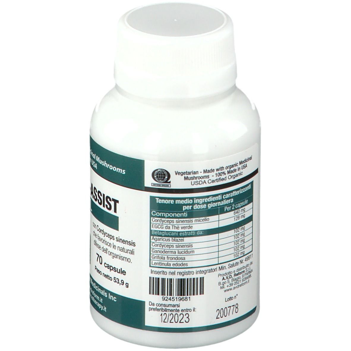 Flacone bianco con capsule. Scritta: IMMUNITY-ASSIST TOTAL. Contiene 70 capsule. Ingredienti sul retro.