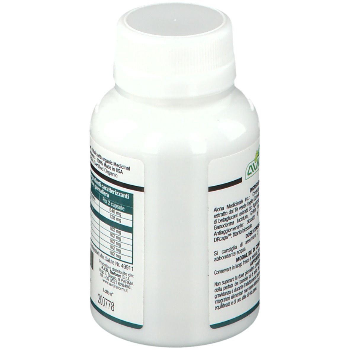 Flacone bianco con capsule. Scritta: IMMUNITY-ASSIST TOTAL. Ingredienti e dosaggio sul retro.