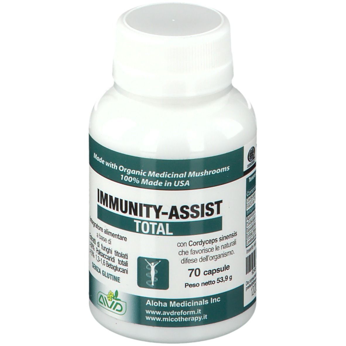 Flacone bianco con capsule. Scritta: IMMUNITY-ASSIST TOTAL. Contiene 70 capsule. Senza glutine.
