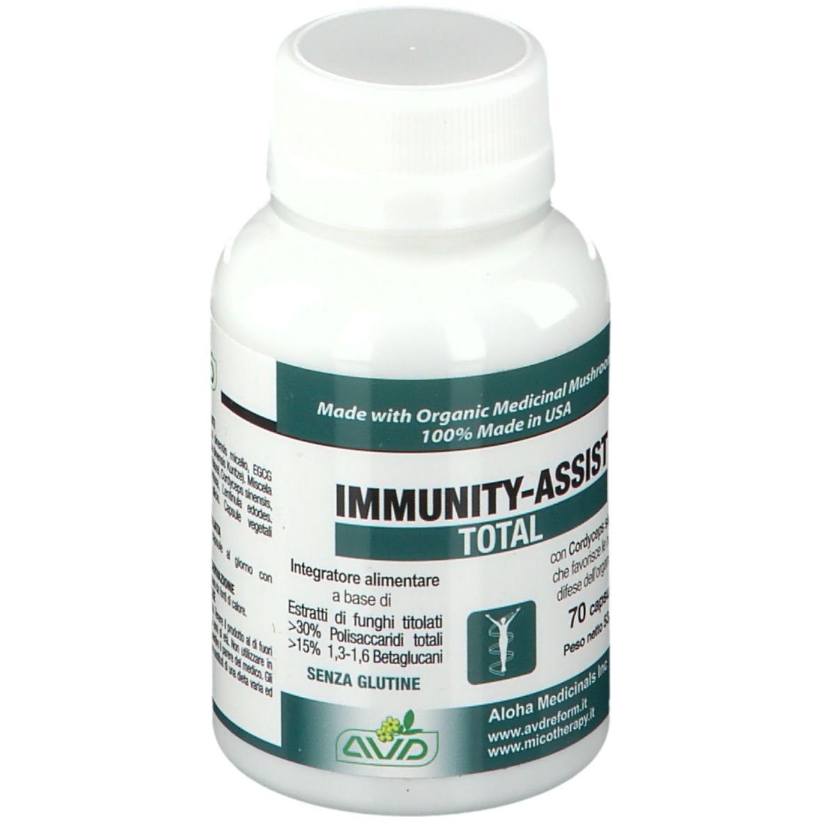 Flacone bianco con capsule. Scritta: IMMUNITY-ASSIST TOTAL. Contiene 70 capsule. Senza glutine.