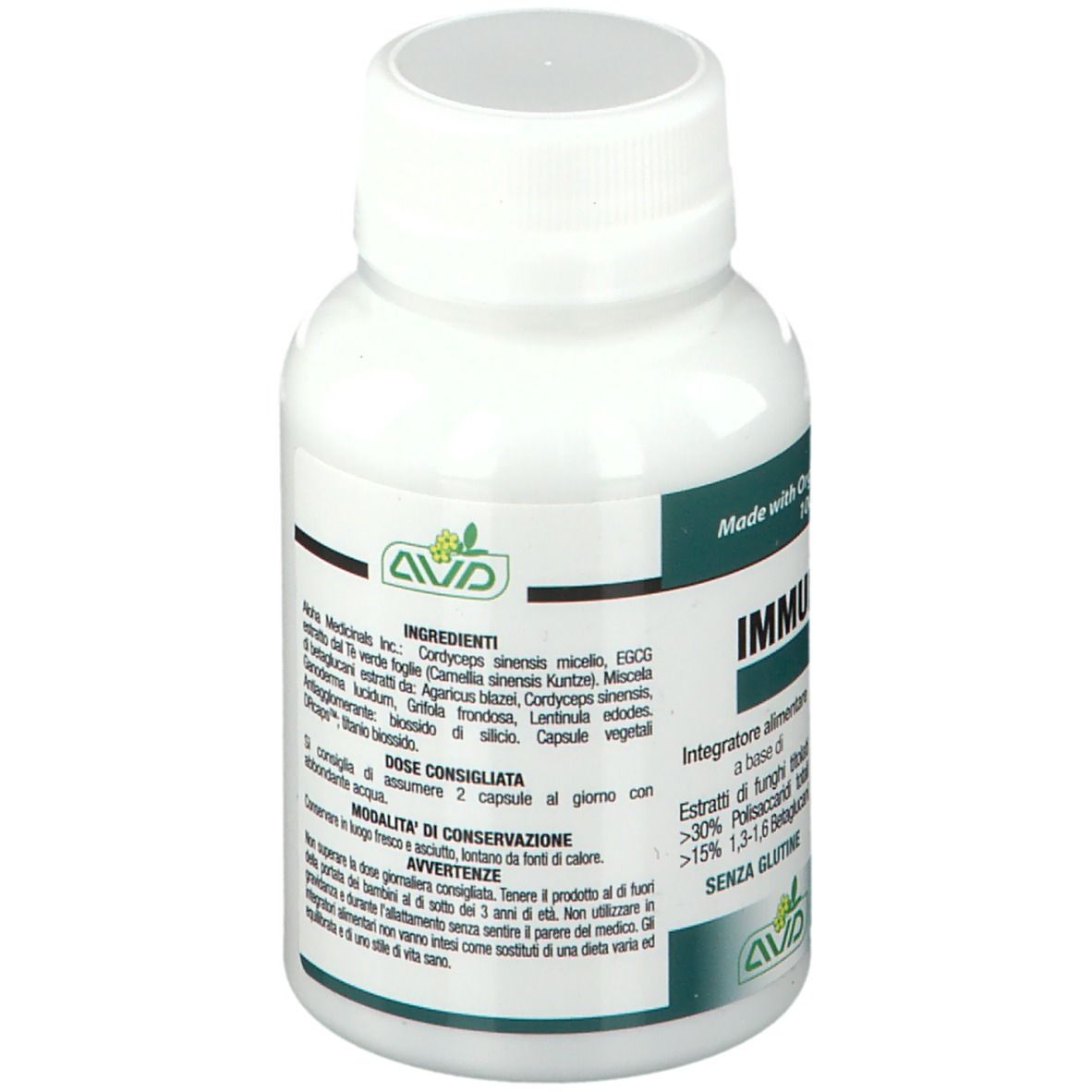 Flacone bianco con capsule. Scritta: IMMUNITY-ASSIST TOTAL. Ingredienti e avvertenze sul retro.