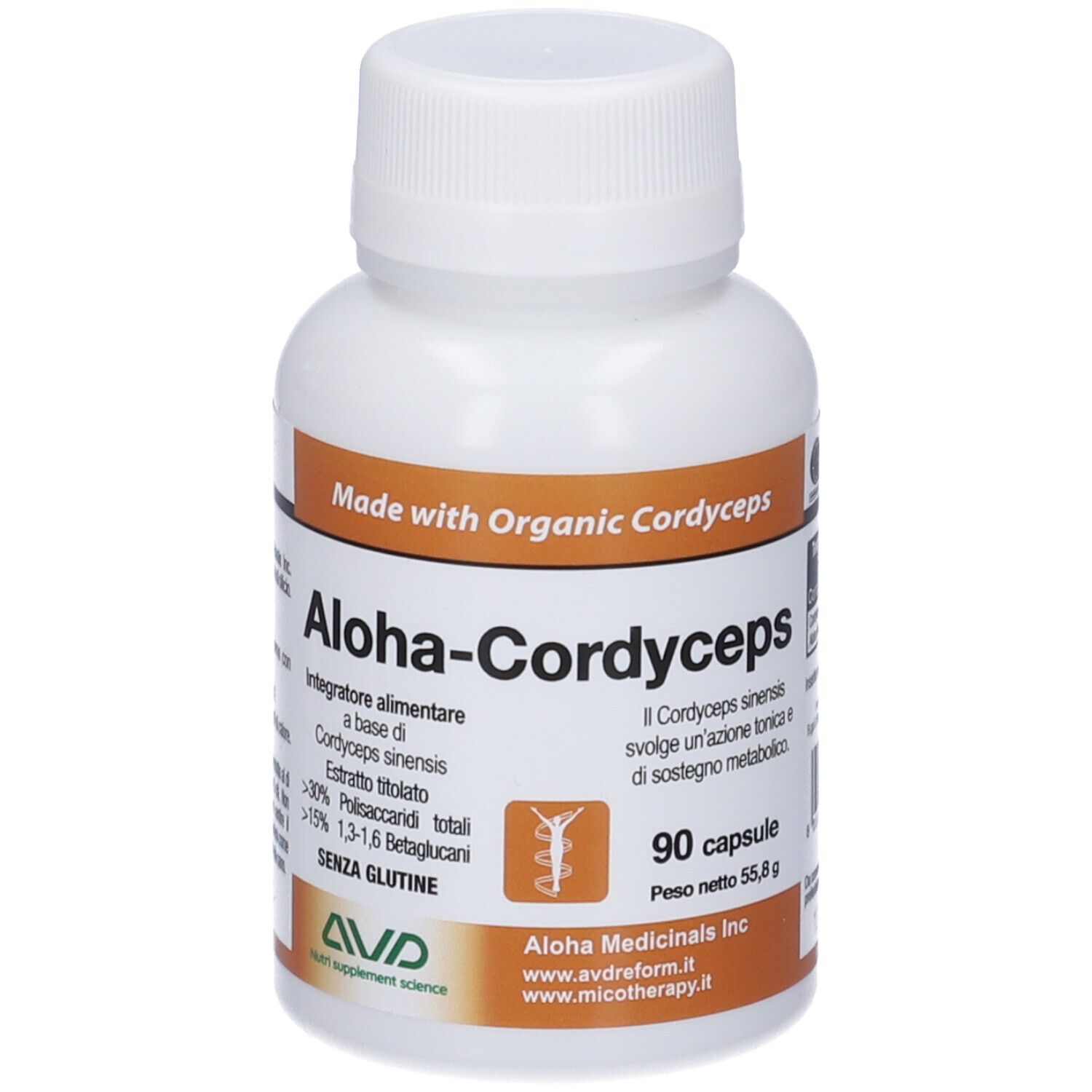 Flacone bianco di capsule Aloha-Cordyceps. Scritte: Made with Organic Cordyceps, 90 capsule, senza glutine. Logo AVD.