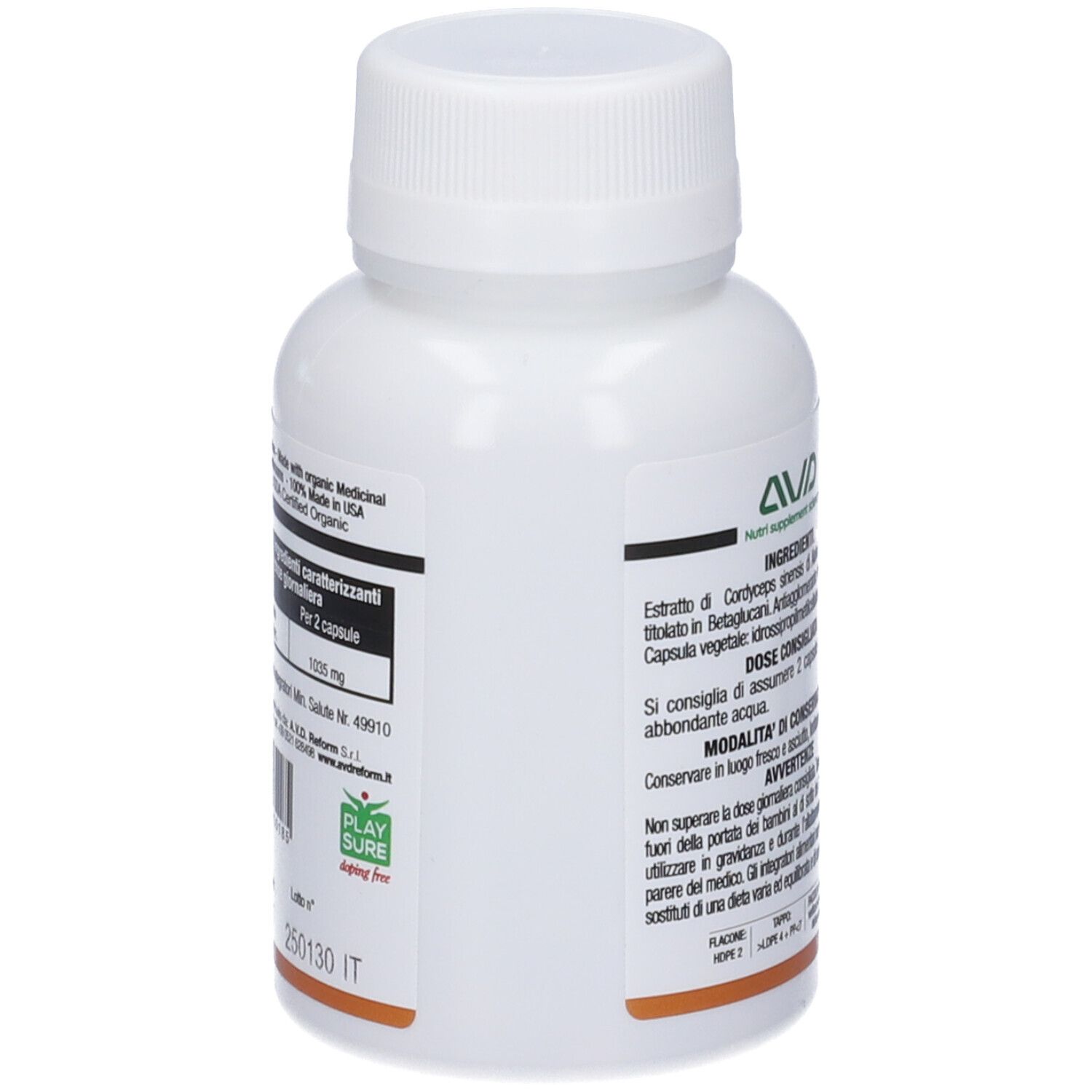Flacone bianco di capsule Aloha-Cordyceps. Scritte: Ingredienti, dosaggio, avvertenze. Logo AVD. Sfondo etichetta marrone.