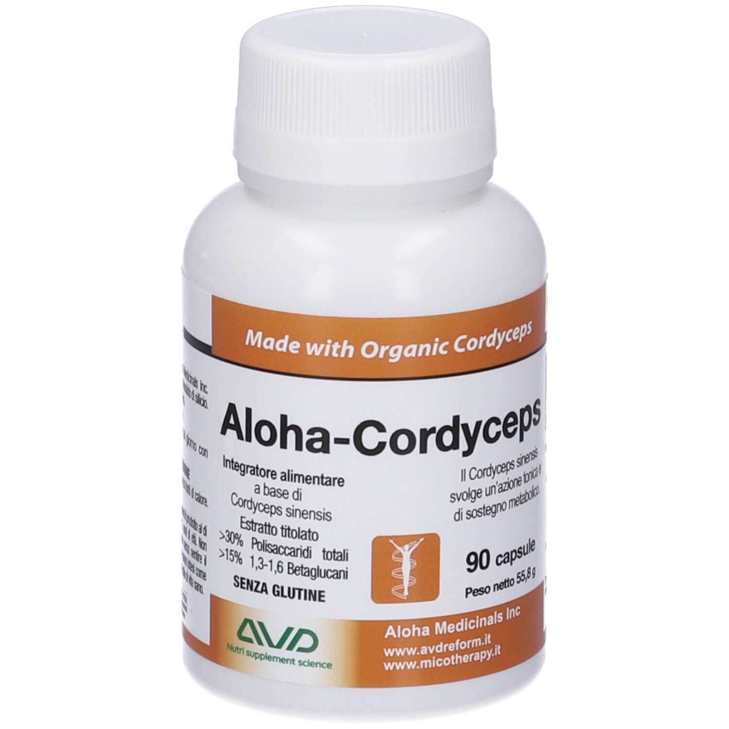 Flacone bianco di capsule Aloha-Cordyceps. Scritte: Made with Organic Cordyceps, 90 capsule, senza glutine. Logo AVD.