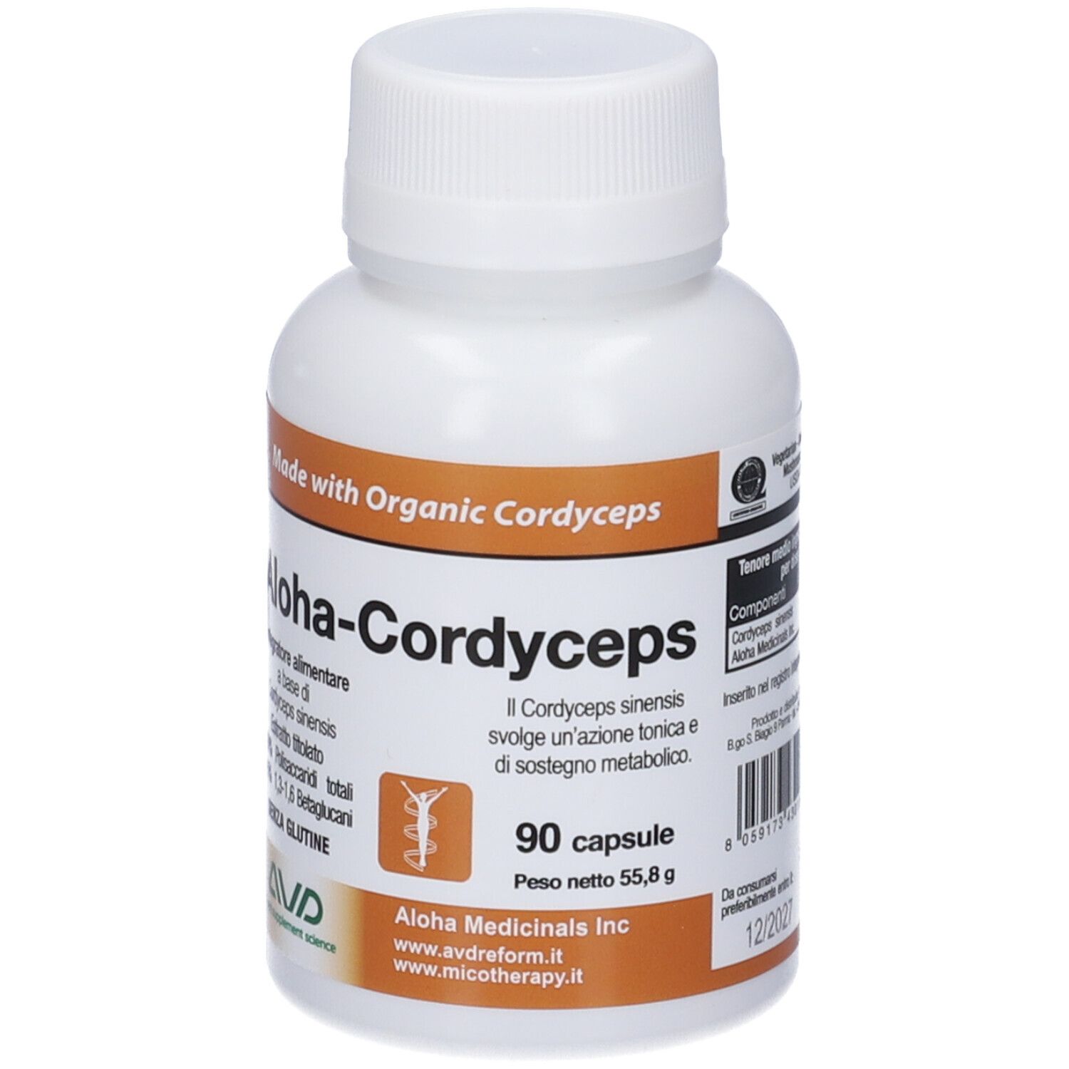 Flacone bianco di capsule Aloha-Cordyceps. Scritte: Made with Organic Cordyceps, 90 capsule, senza glutine. Logo AVD. Scadenza 12/2022.