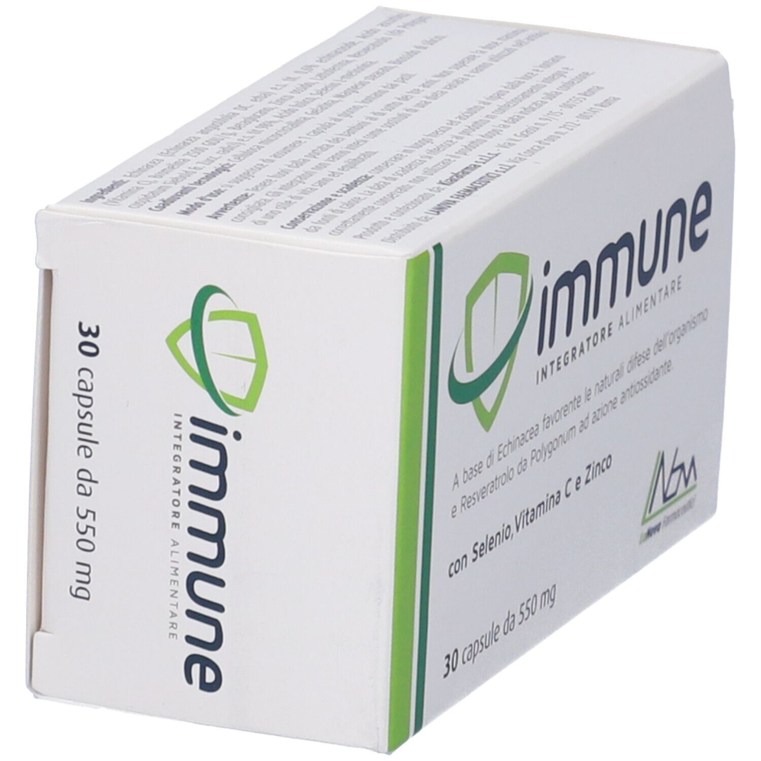 Scatola con logo "immune". Contiene 30 capsule. Vista prospettica.