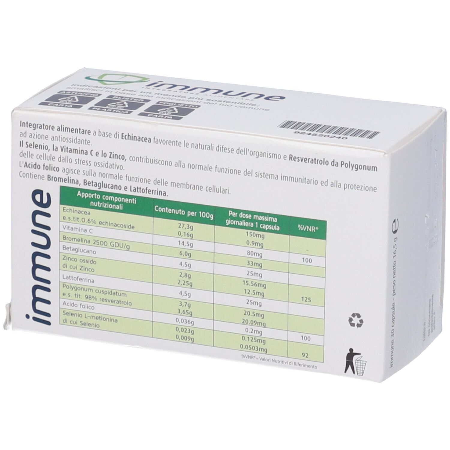 Scatola con logo "immune". Tabella nutrizionale sul retro.