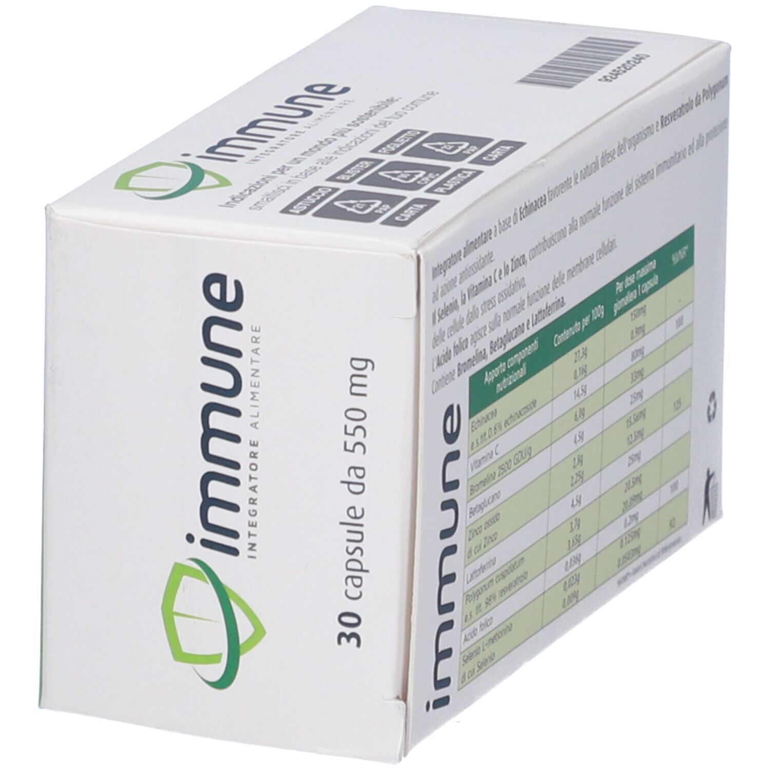 Scatola con logo "immune". Tabella nutrizionale visibile. Vista prospettica.
