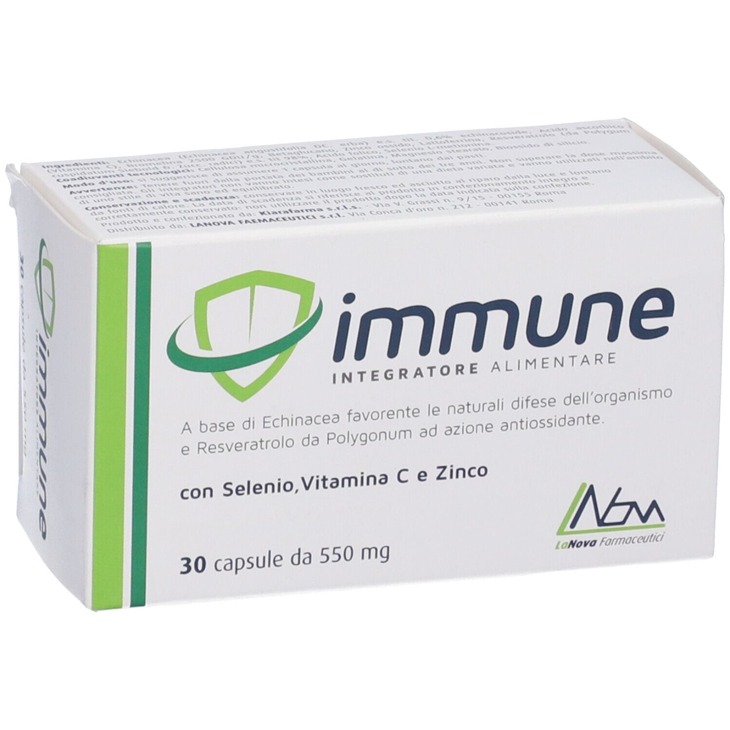 Scatola bianca con logo verde e scritta "immune". Contiene 30 capsule.