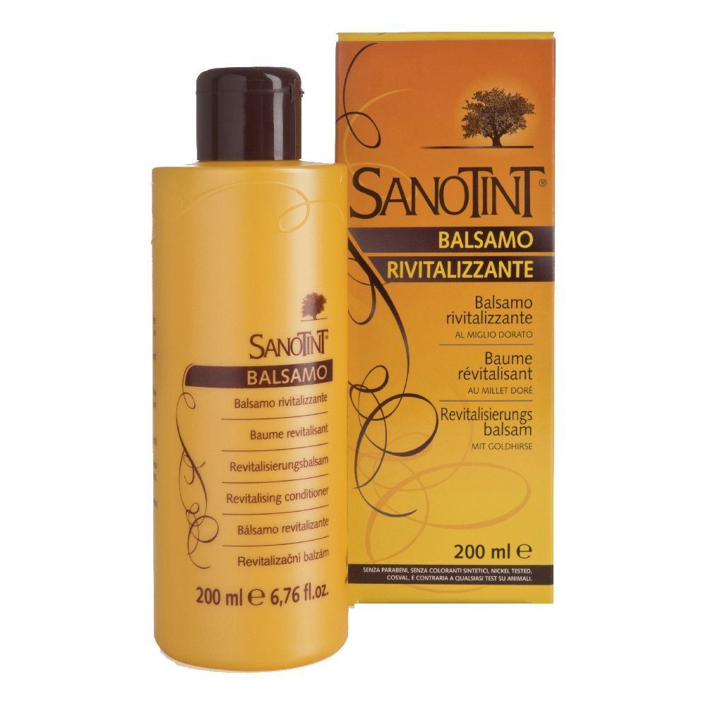 Flacone giallo con tappo marrone e confezione. Scritta Sanotint Balsamo Rivitalizzante.