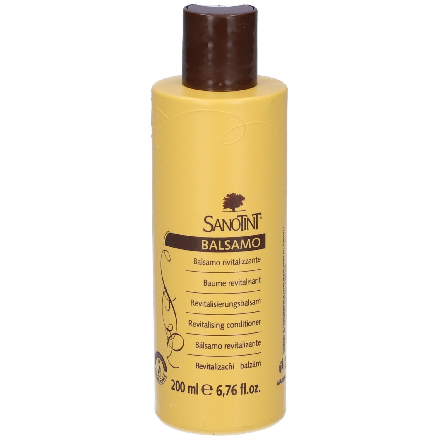 Flacone giallo con tappo marrone. Scritta Sanotint Balsamo. 200 ml, 6,76 fl.oz.