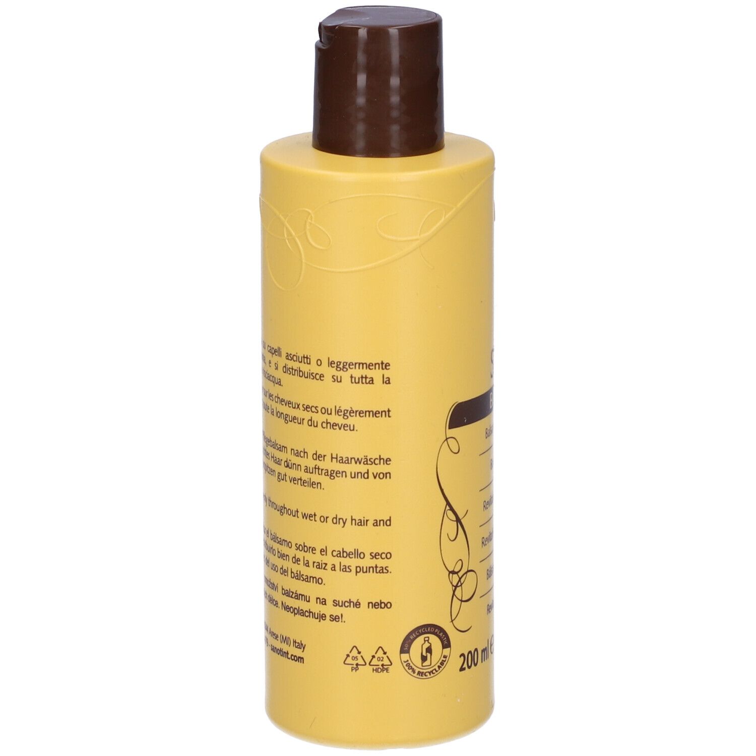 Retro di un flacone giallo con tappo marrone. Testo multilingue. 200 ml, 6,76 fl.oz.