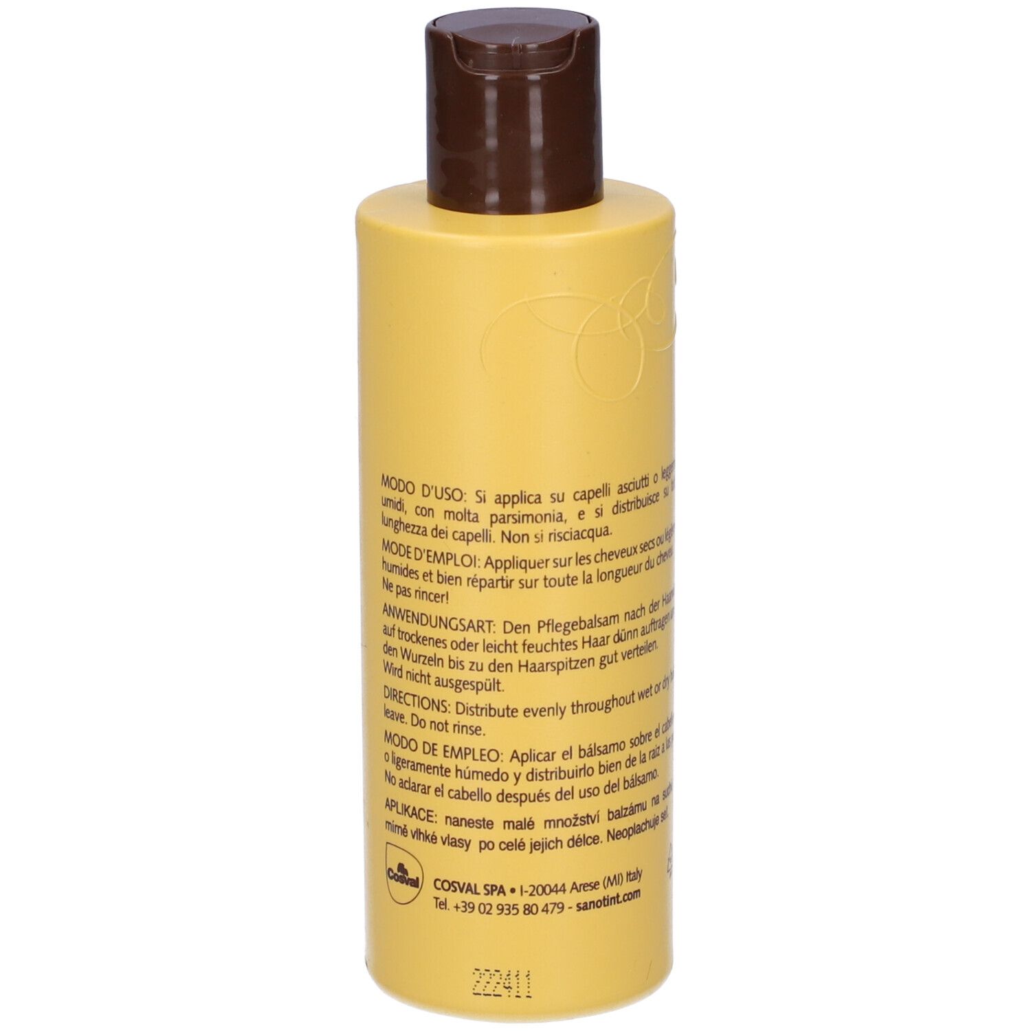 Retro di un flacone giallo con tappo marrone. Testo multilingue. 200 ml, 6,76 fl.oz.