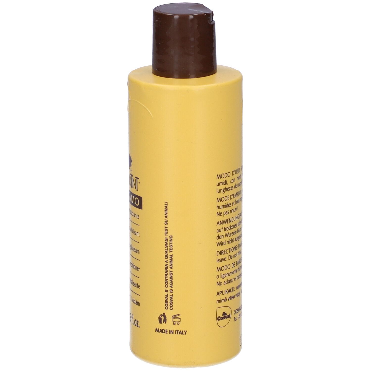 Retro di un flacone giallo con tappo marrone. Testo multilingue. Made in Italy.