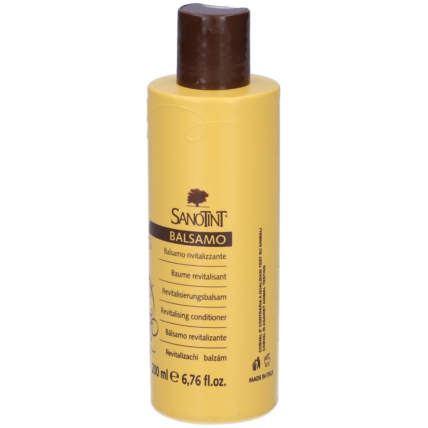 Flacone giallo con tappo marrone. Scritta Sanotint Balsamo. 200 ml, 6,76 fl.oz. Made in Italy.