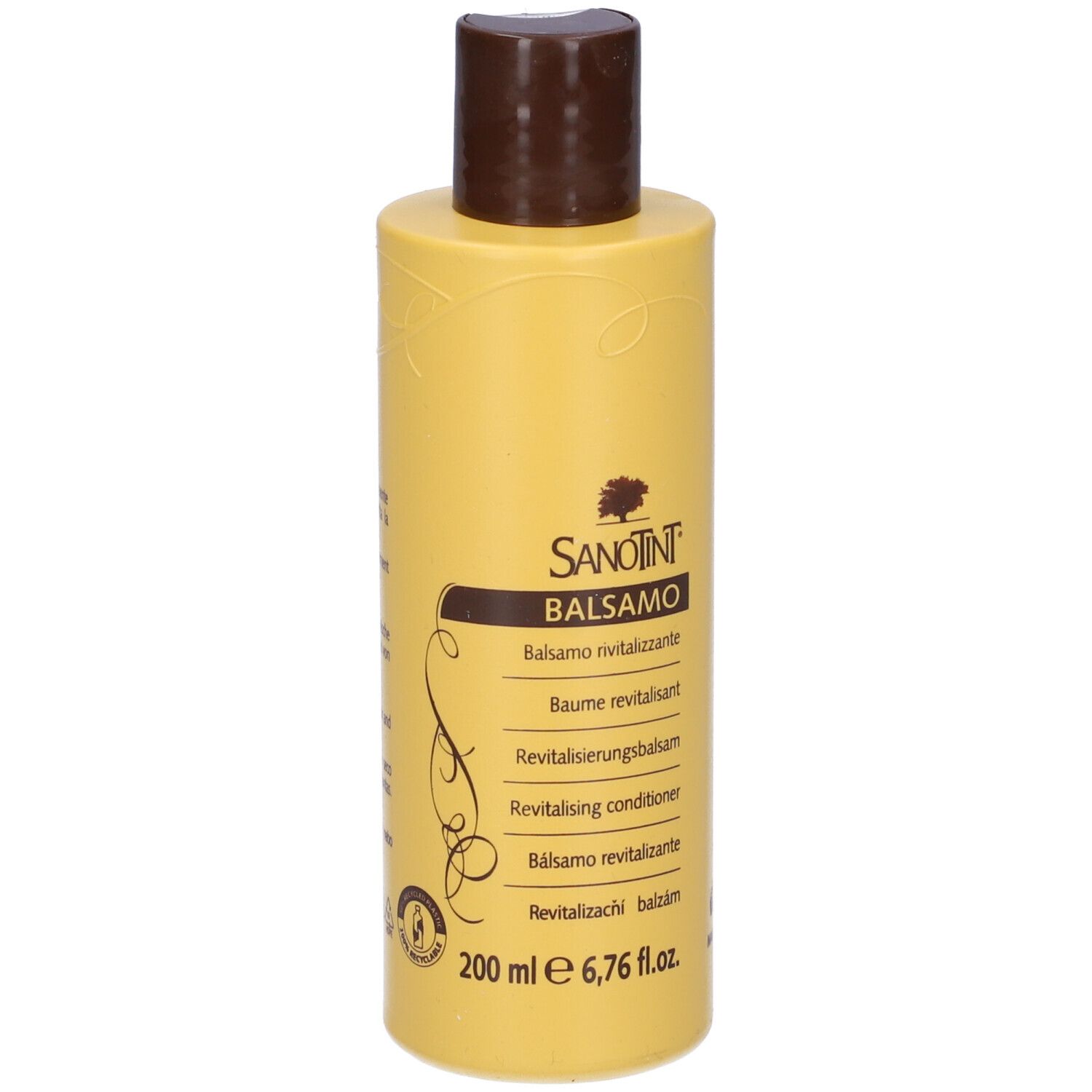 Flacone giallo con tappo marrone. Scritta Sanotint Balsamo. 200 ml, 6,76 fl.oz. Made in Italy.