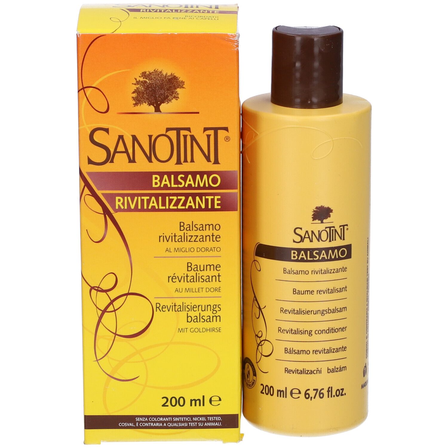 Flacone giallo con tappo marrone e confezione. Scritta Sanotint Balsamo Rivitalizzante.