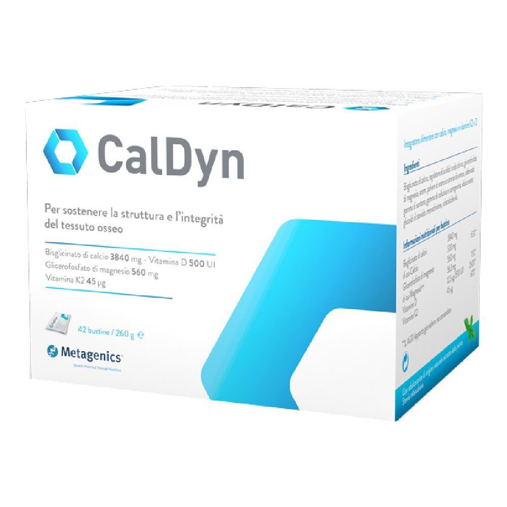 Scatola bianca "CalDyn" con logo e informazioni. Contiene 42 bustine. Marchio: Metagenics.