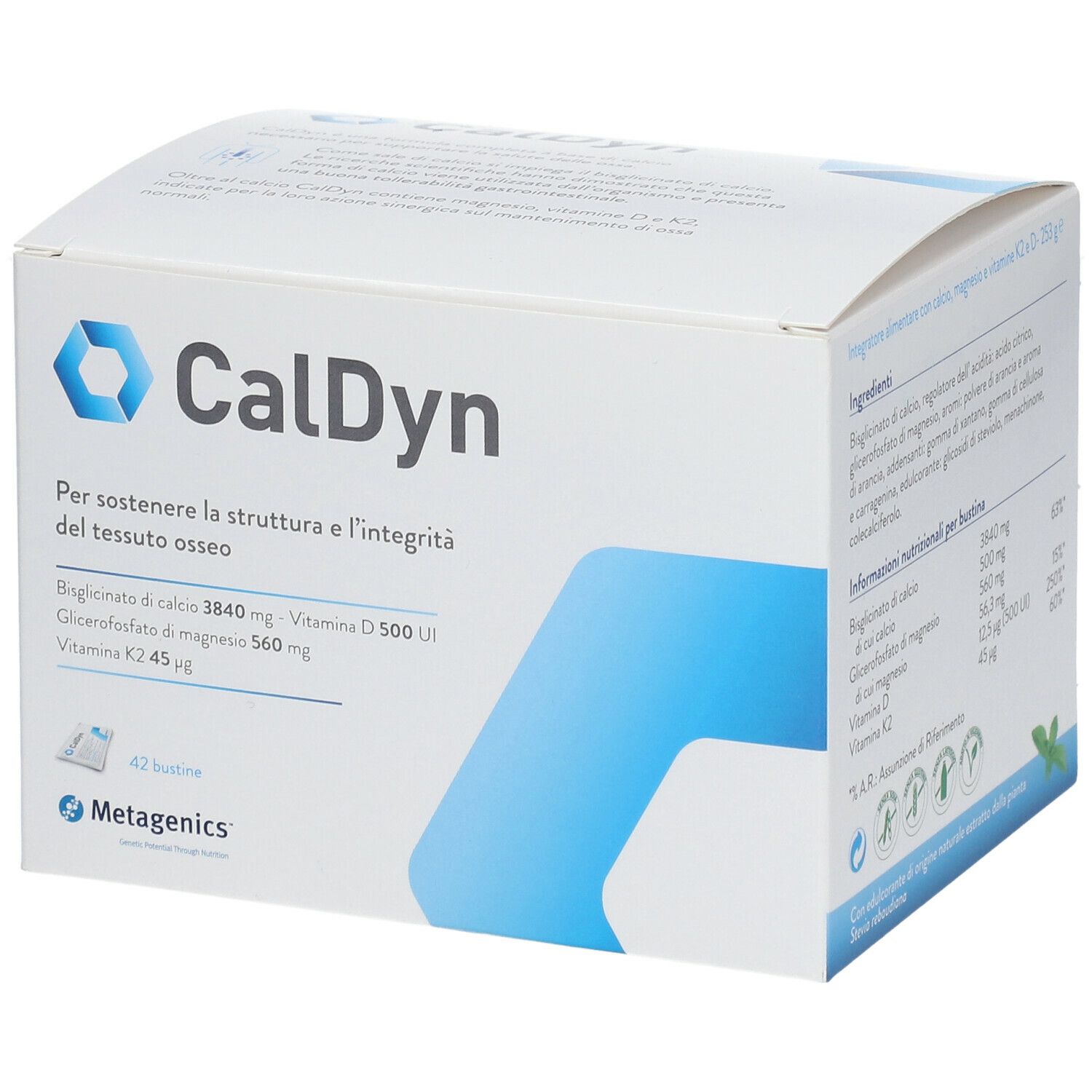 Scatola bianca "CalDyn" con logo e informazioni. Contiene 42 bustine. Marchio: Metagenics.