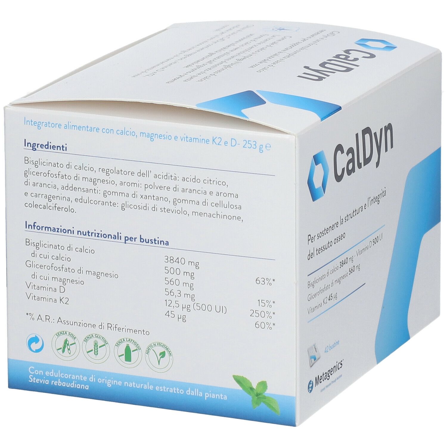 Scatola bianca "CalDyn" con logo e informazioni. Contiene 42 bustine. Marchio: Metagenics.