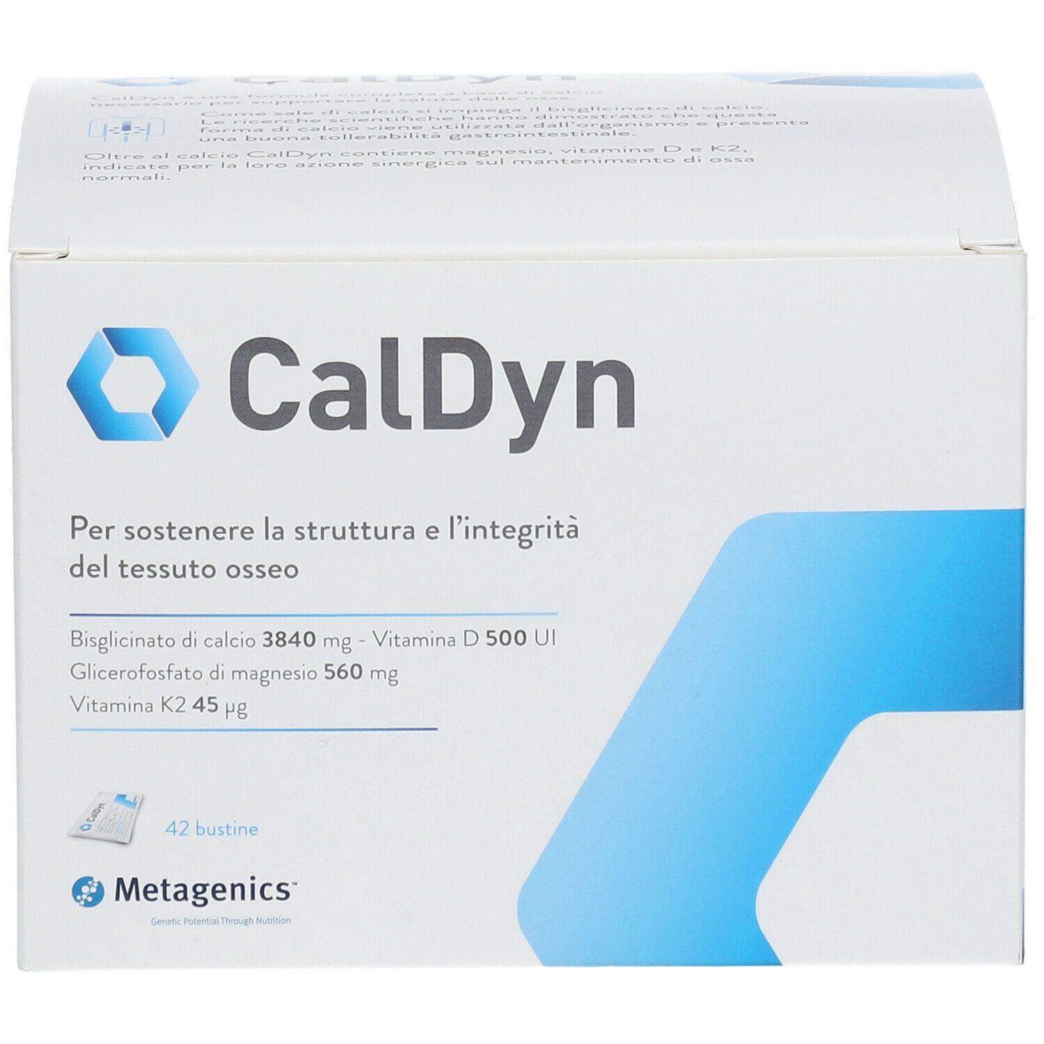 Scatola bianca "CalDyn" con logo e informazioni. Contiene 42 bustine. Marchio: Metagenics.