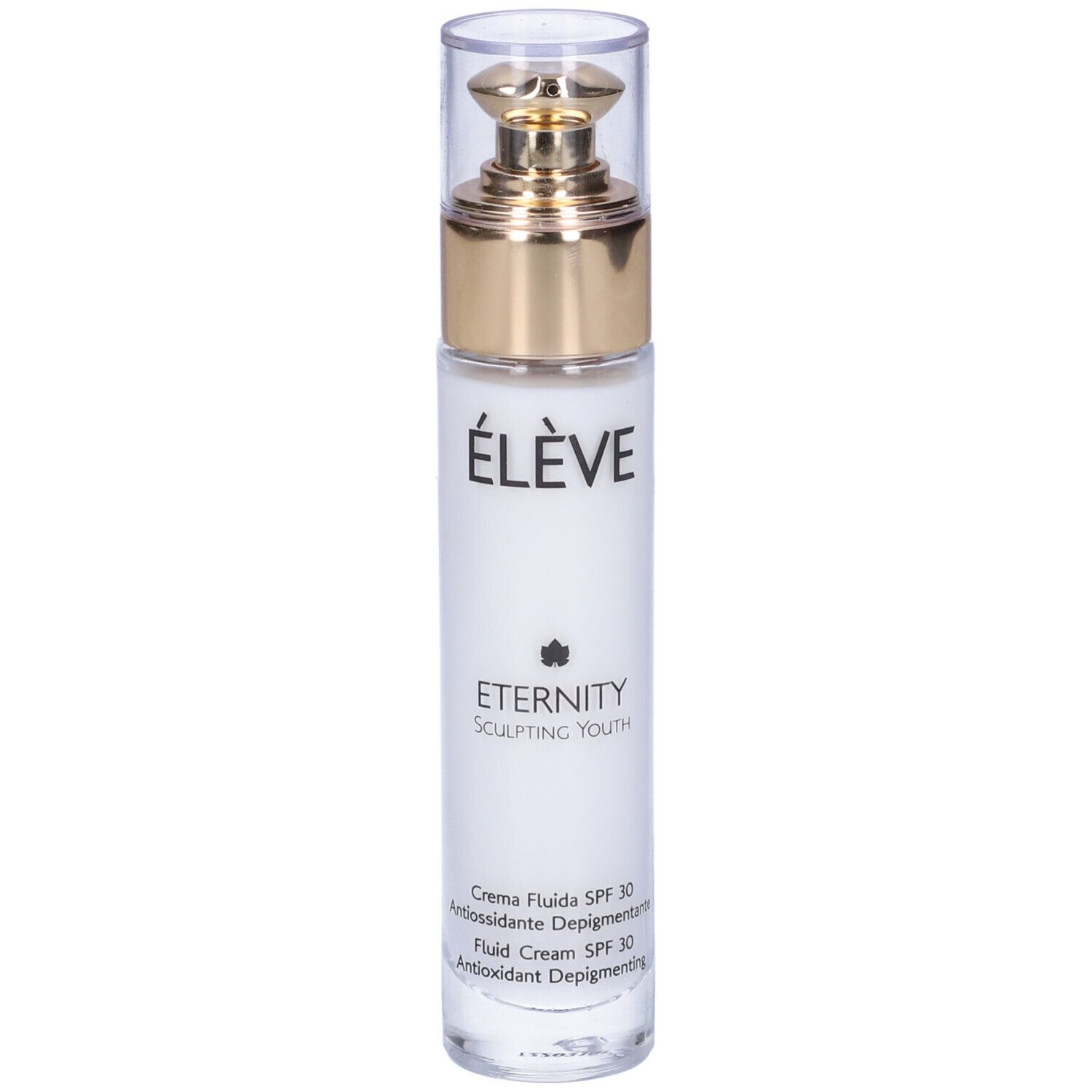 Flacone bianco con tappo dorato. Scritte: Élève, Eternity, Sculpting Youth, Crema Fluida SPF 30.