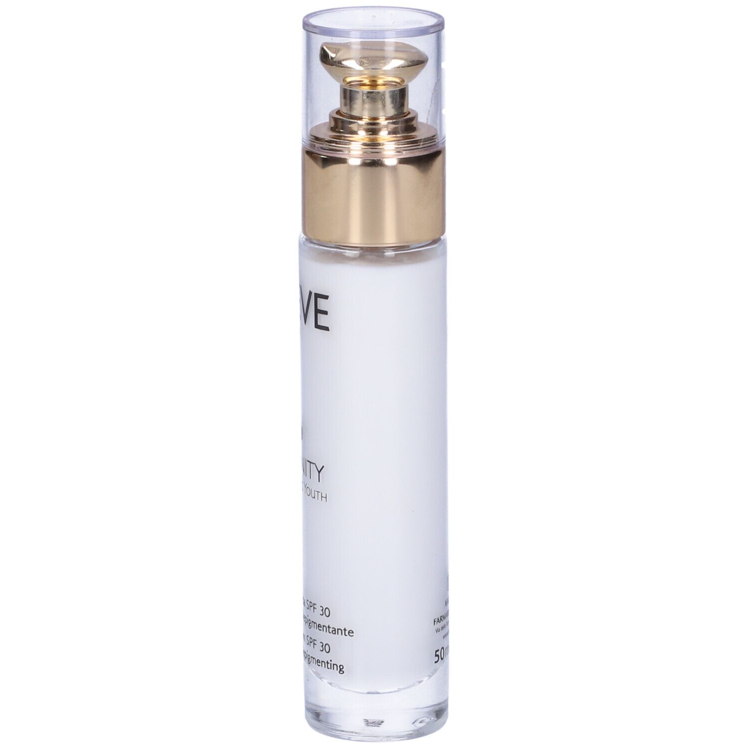 Flacone bianco con tappo dorato. Scritte: Élève, Eternity, Sculpting Youth, Crema Fluida SPF 30. 50ml.
