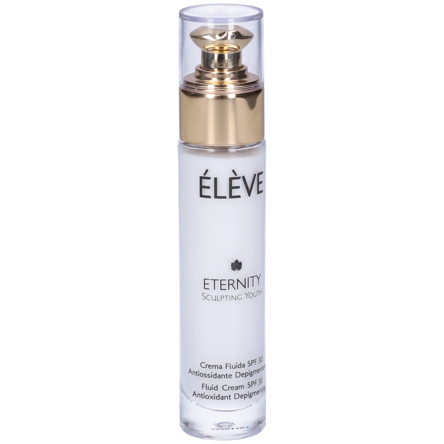 Flacone bianco con tappo dorato. Scritte: Élève, Eternity, Sculpting Youth, Crema Fluida SPF 30.