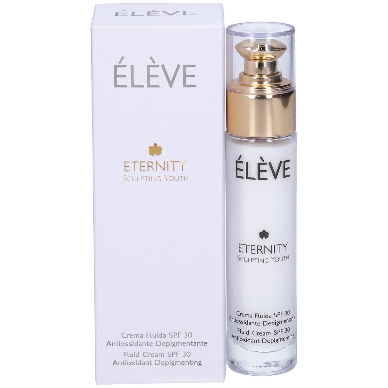 Flacone bianco e confezione. Scritte: Élève, Eternity, Sculpting Youth, Crema Fluida SPF 30. Con confezione.