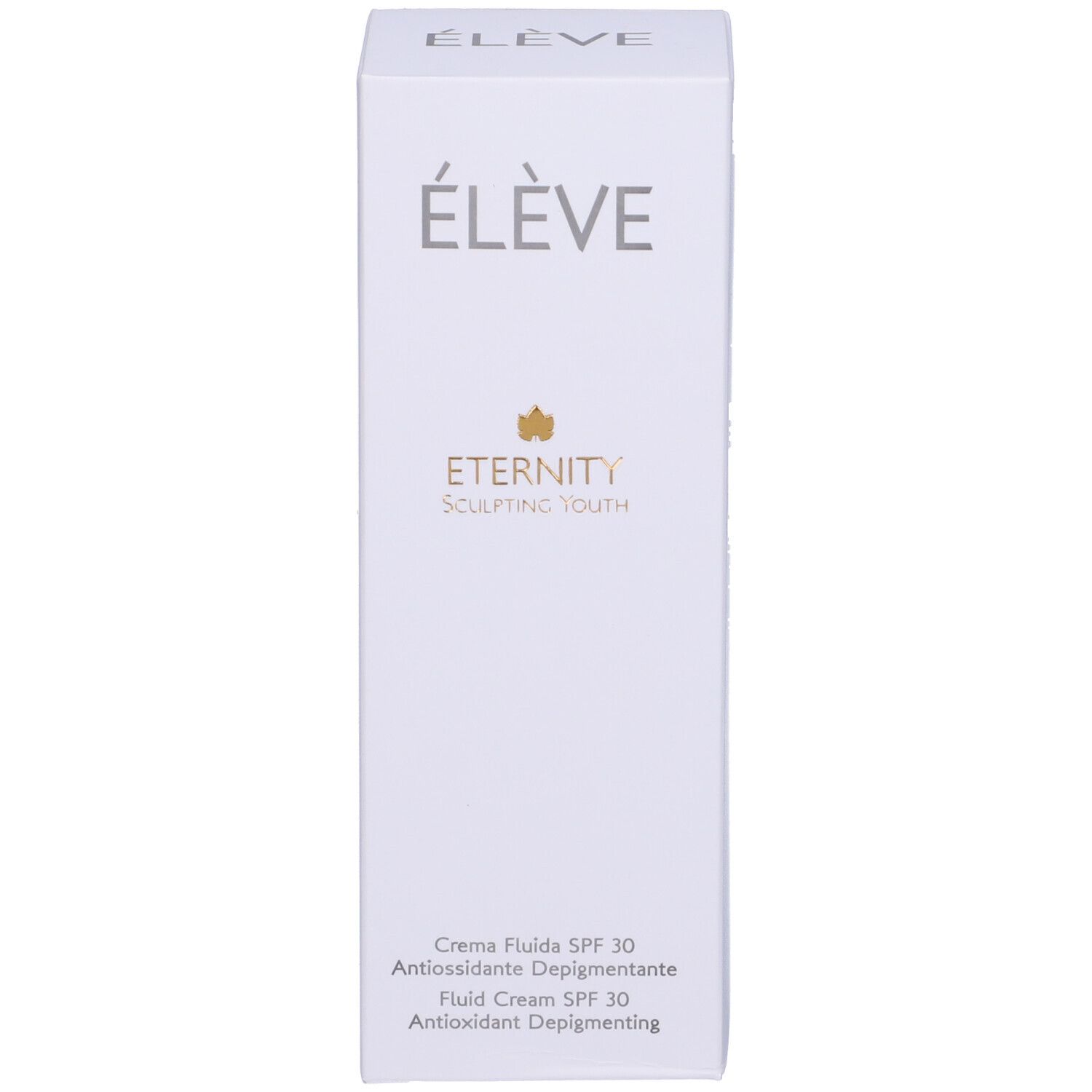 Confezione bianca. Scritte: Élève, Eternity, Sculpting Youth, Crema Fluida SPF 30.