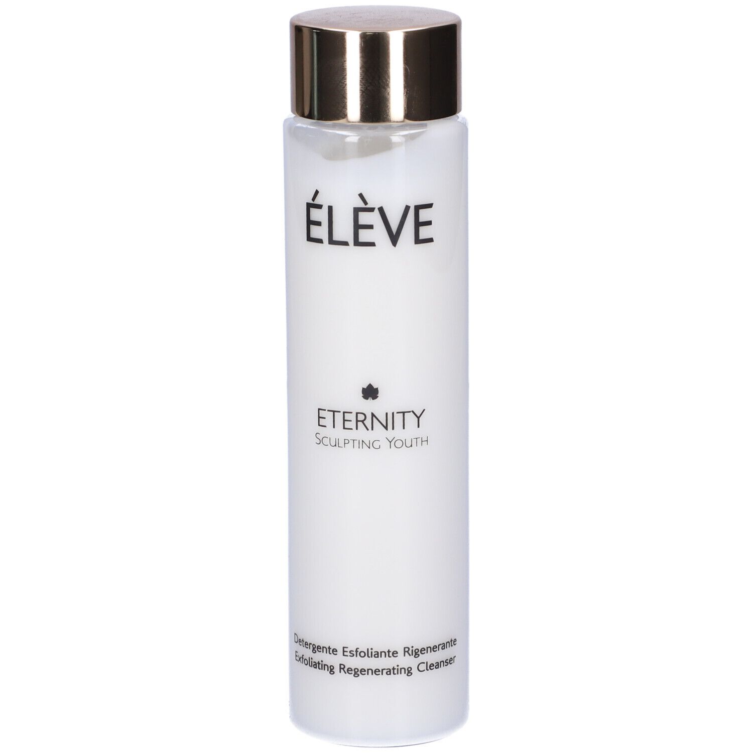 Zylindrische Flasche mit goldfarbenem Deckel. Aufschrift: ÉLÈVE, Eternity Sculpting Youth. Exfoliating Regenerating Cleanser.