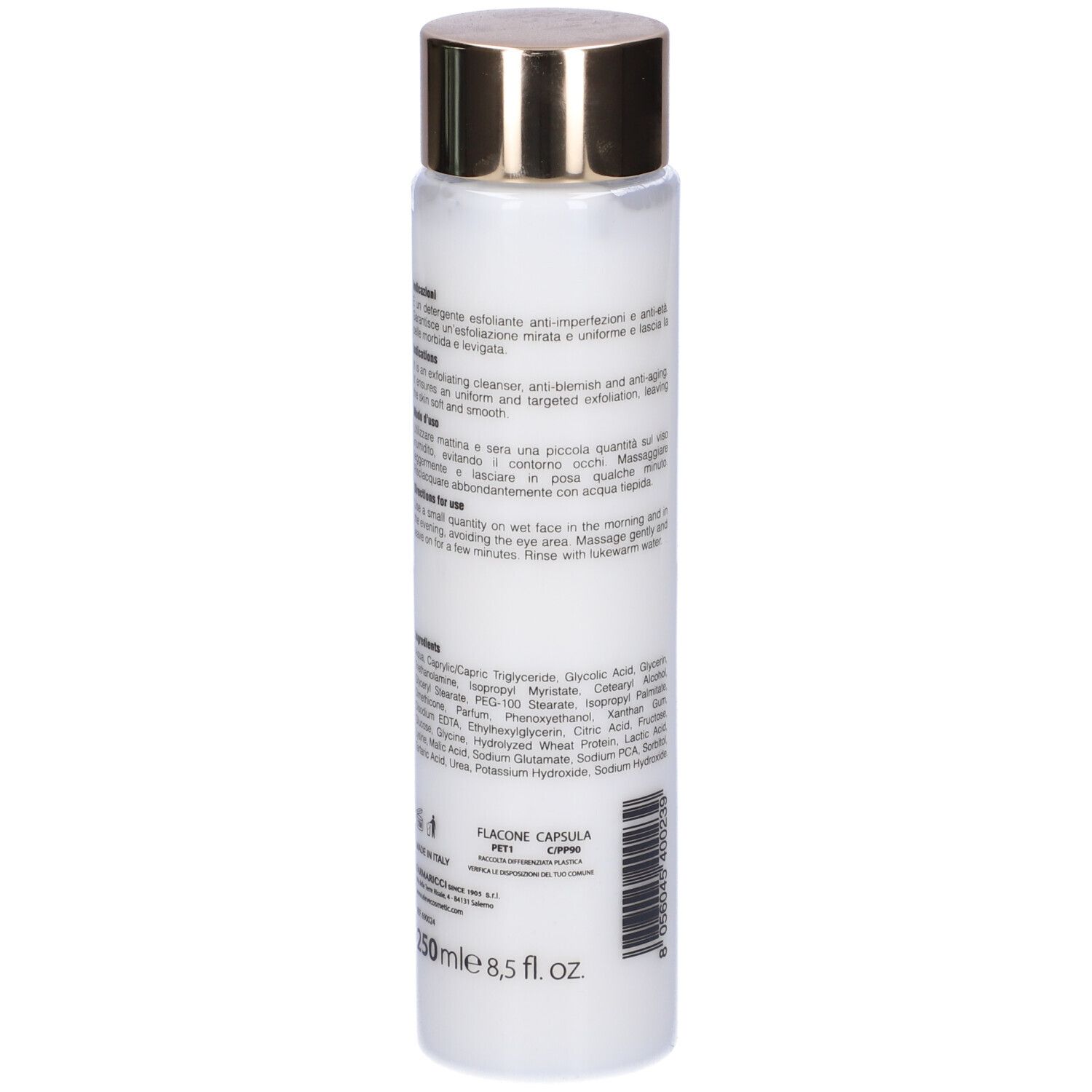 Zylindrische Flasche, Rückseite. Aufschrift: ÉLÈVE, Eternity Sculpting Youth. Text, Inhaltsstoffe, 250ml, 8.5 fl. oz.