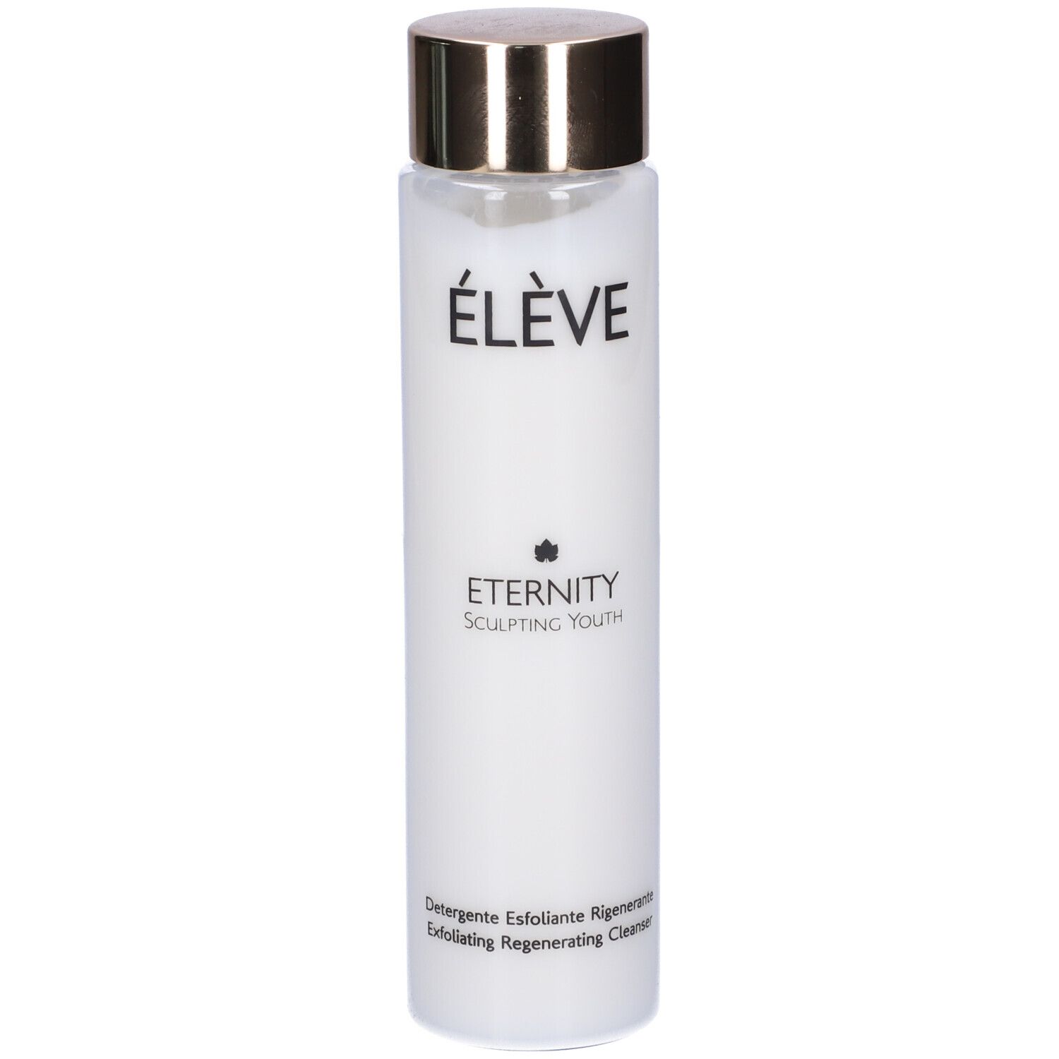 Zylindrische Flasche mit goldfarbenem Deckel. Aufschrift: ÉLÈVE, Eternity Sculpting Youth. Exfoliating Regenerating Cleanser.