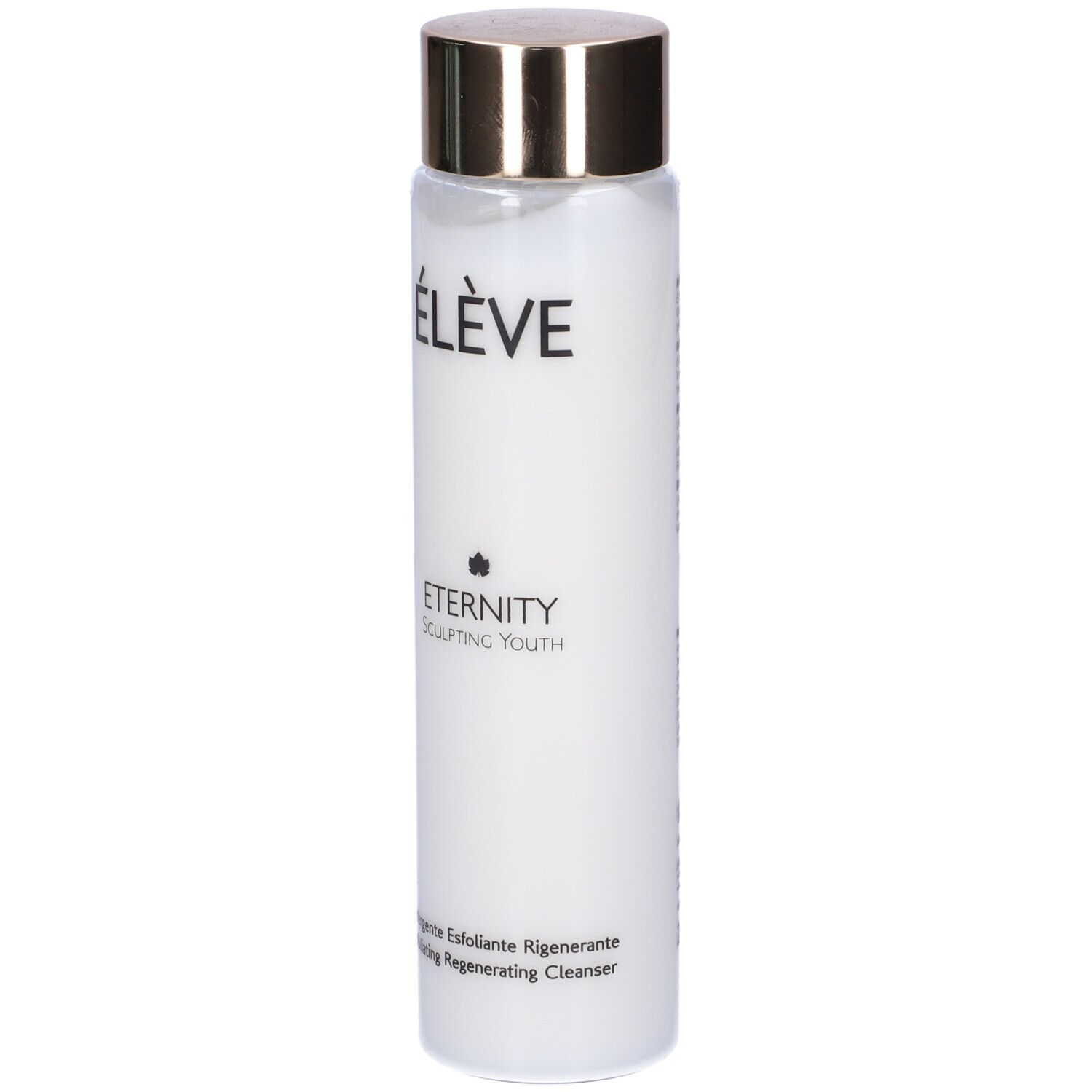 Zylindrische Flasche mit goldfarbenem Deckel. Aufschrift: ÉLÈVE, Eternity Sculpting Youth. Exfoliating Regenerating Cleanser.
