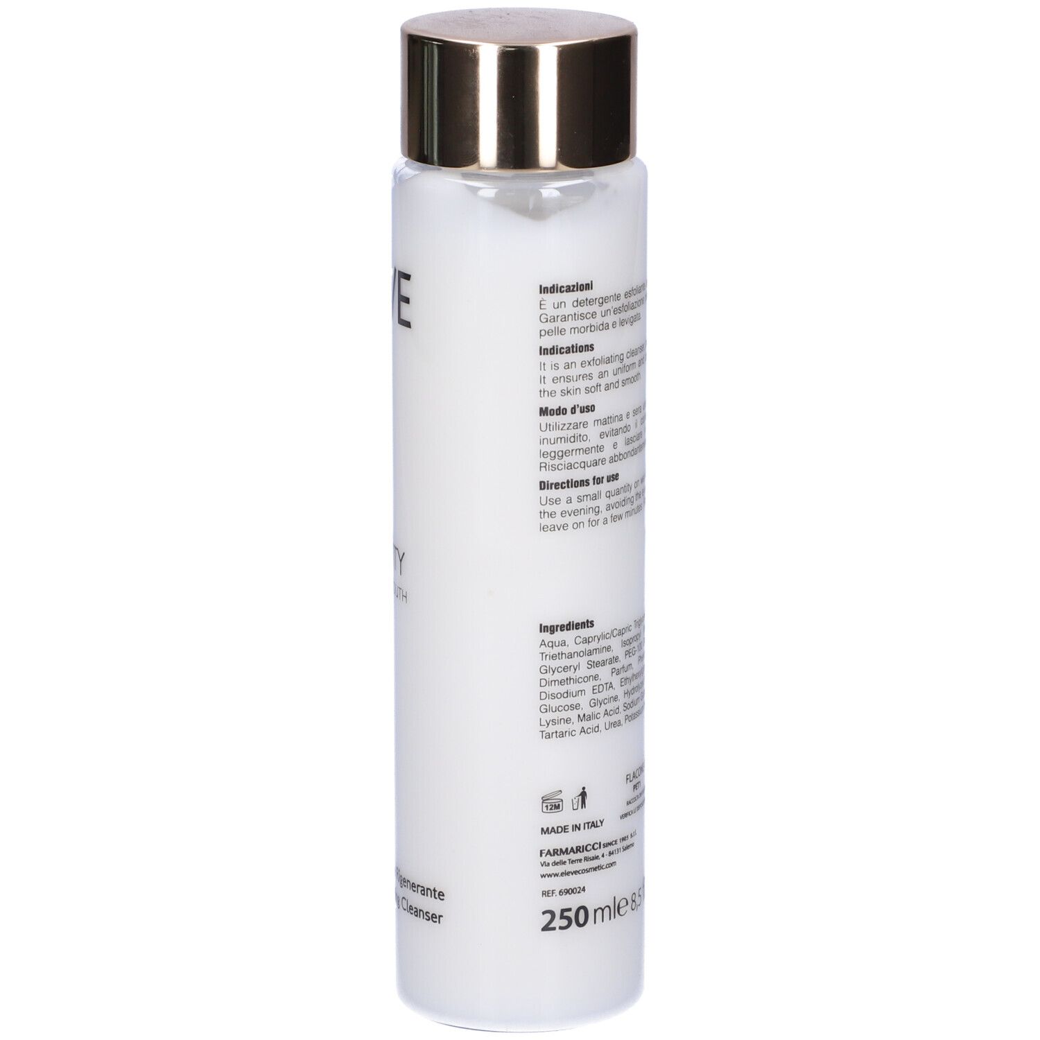 Zylindrische Flasche, Rückseite. Aufschrift: ÉLÈVE, Eternity Sculpting Youth. Text, Inhaltsstoffe, 250ml.