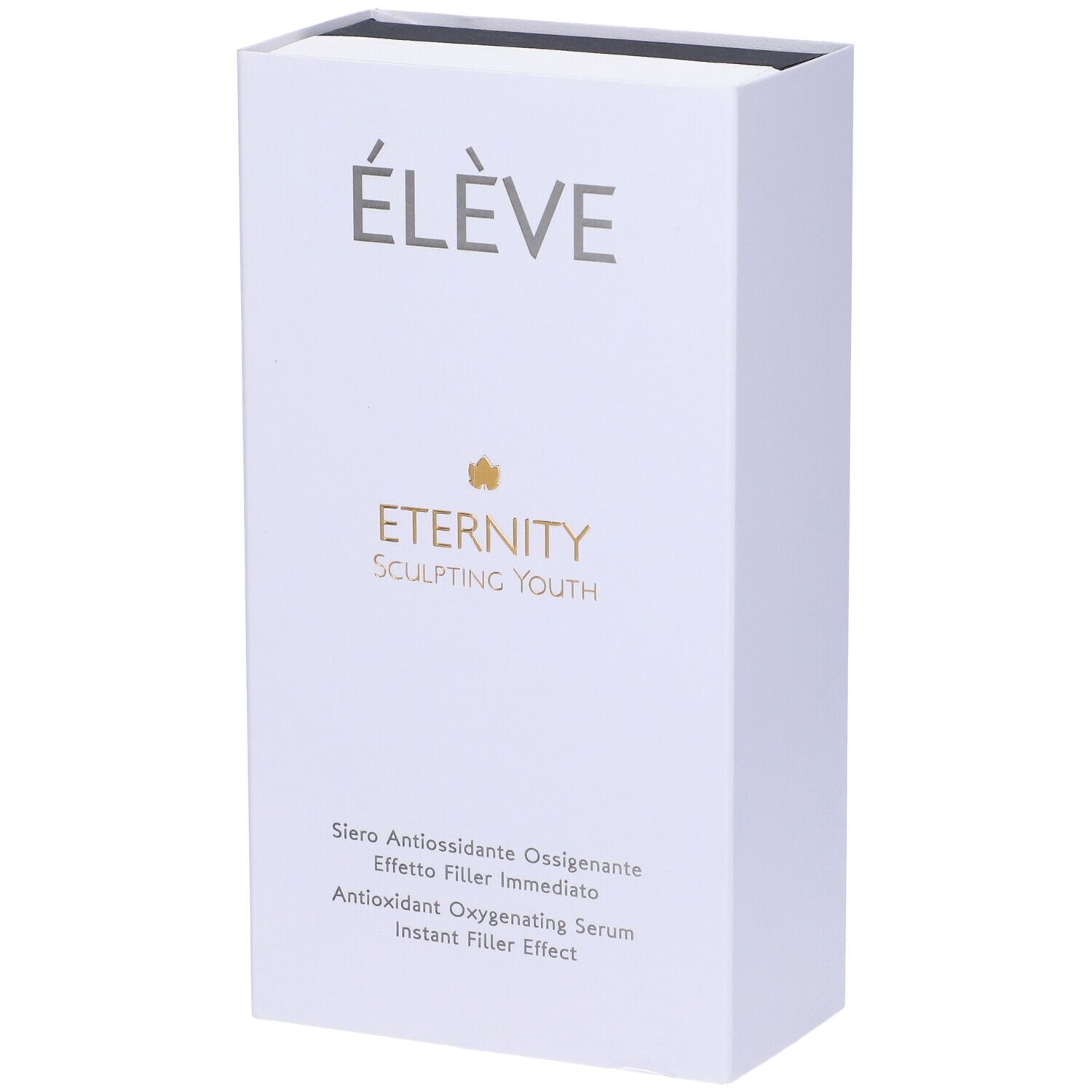 Confezione bianca con logo "ÉLÈVE" e nome prodotto "Eternity Sculpting Youth". Testo: Siero Antiossidante Ossigenante.